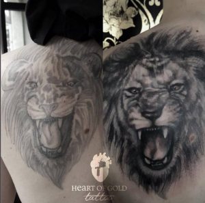 Cover-up eines Löwen Tattoo